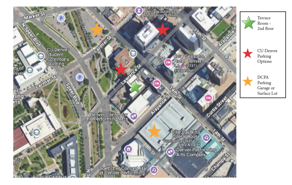 Map showing CU Denver’s Terrace Room (green star) and nearby parking options. Red stars mark CU Denver parking, and orange stars indicate DCPA parking lots. Main streets include Speer Blvd, Larimer St, and Arapahoe St.